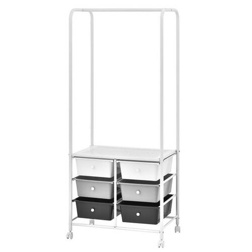 Boxsweden 6 Drawer Metal Trolley w/ Garment Rack - White