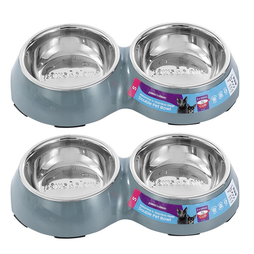 2PK 2pc Paws & Claws Melamine Pet/Dog/Cat 200ml/25cm Double Bowl - Grey