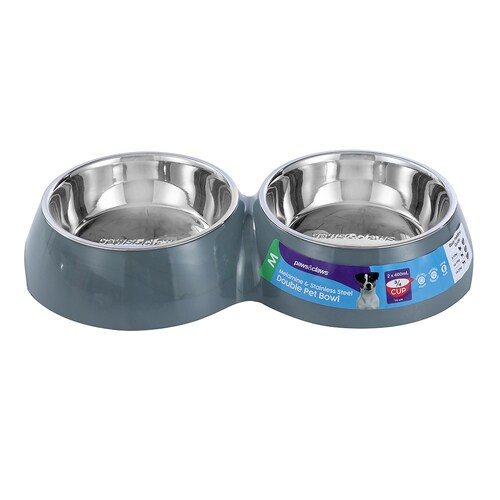 2pc Paws & Claws Melamine Pet/Dog/Cat 400ml/14cm Double Bowl - Grey