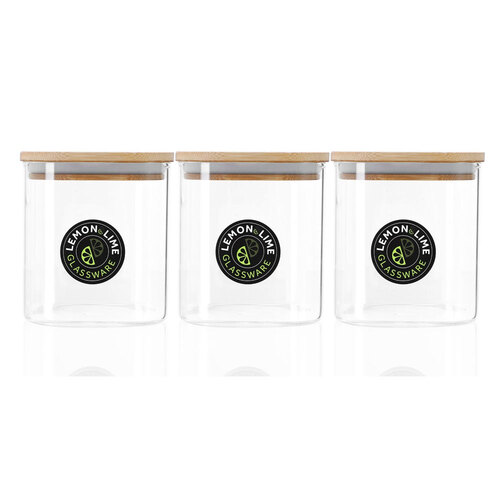 3PK Lemon & Lime Camden Square Glass Jar Bamboo Lid 800Ml