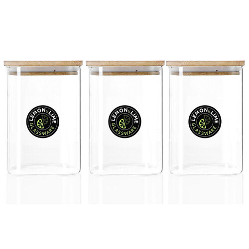 3PK Lemon & Lime Camden Square Glass Jar Bamboo Lid 1.1L
