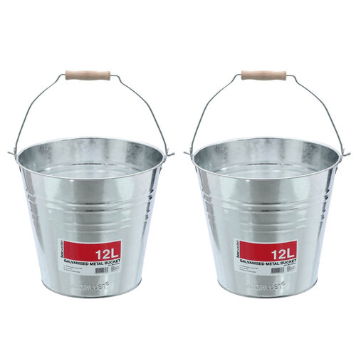 2PK Boxsweden 12L/30cm Metal Bucket w/ Wood Handle - Silver