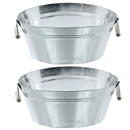 2PK Boxsweden Metal Oval Bucket 12L Wood Handles Galvanised 40X30X18cm