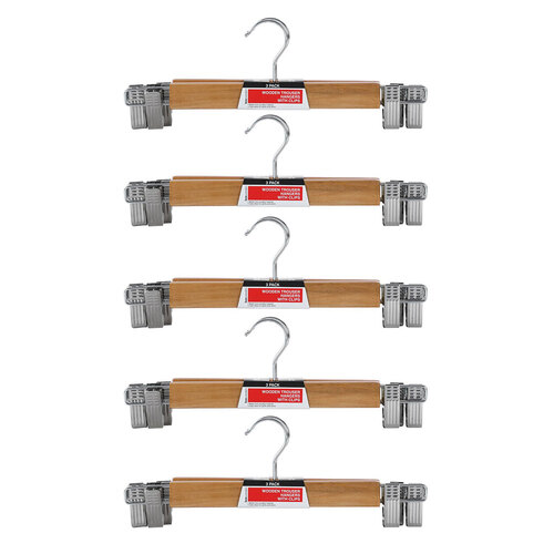 15pc Wooden Trouser Hanger 33cm w/ Clips