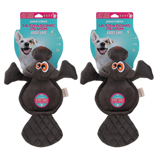2PK Paws & Claws Doggy Ears Ultrasonic 33cm Beaver Plush Dog Toy - Charcoal