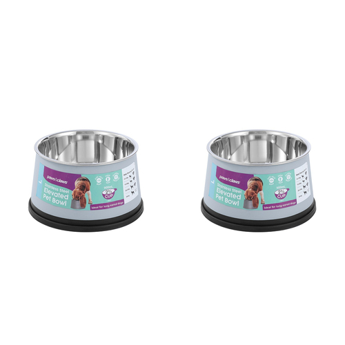 2x Paws & Claws Elevated 900ml/15cm Stainless Steel Pet Bowl Non-Slip - Grey
