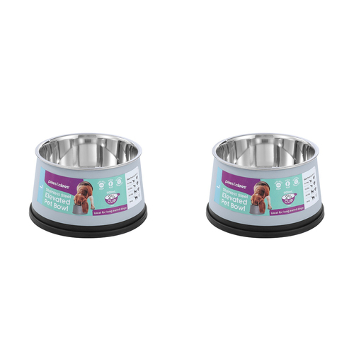 2x Paws & Claws Elevated 900ml/15cm Stainless Steel Pet Bowl Non-Slip - Grey