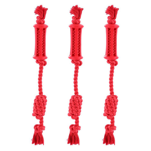 3PK Paws & Claws Flavour-Bone Rope Tugger Beef Flavoured Rubber Toy 38X5cm Red