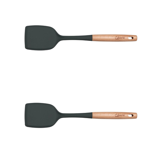 2x Cuisena Beech Wood 37cm Silicone Solid Turner Cooking Utensil - Black