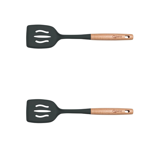 2x Cuisena Beech Wood 37cm Silicone Slotted Turner Cooking Utensil - Black