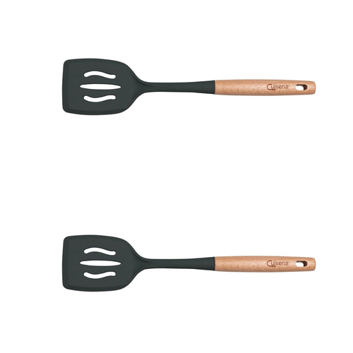 2x Cuisena Beech Wood 37cm Silicone Slotted Turner Cooking Utensil - Black