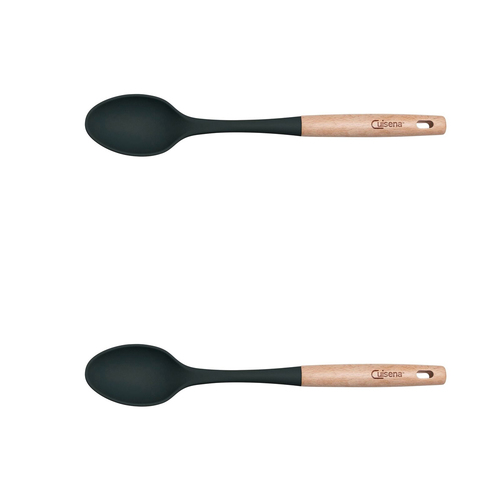 2x Cuisena Beech Wood 36.5cm Silicone Solid Spoon Cooking Utensil - Black