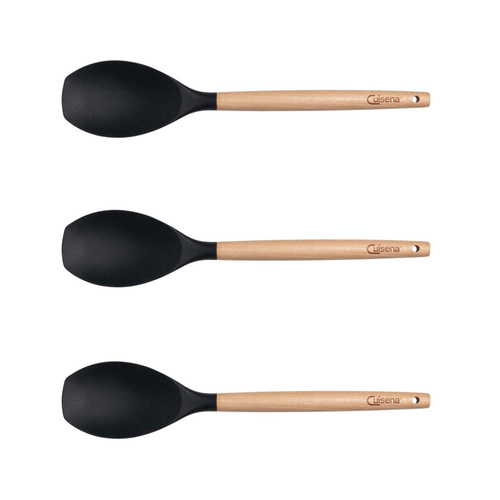 3x Cuisena Beech Wood 32.5cm Silicone Solid Spoonula Cooking Utensil - Black