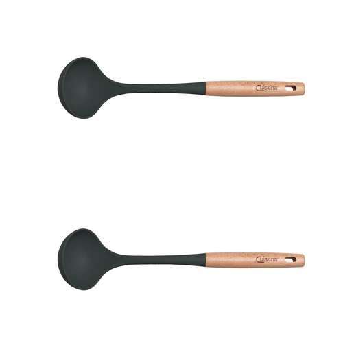 2x Cuisena Beech Wood 36cm Silicone Ladle Cooking Utensil - Black
