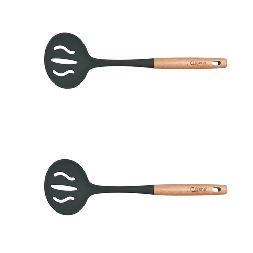 2x Cuisena Beech Wood 35.5cm Silicone Skimmer Cooking Utensil - Black