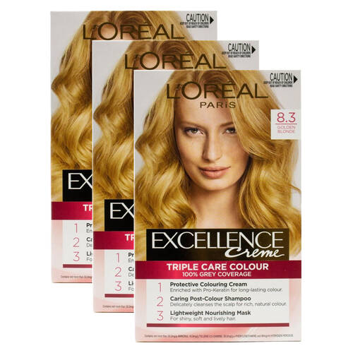 3PK Loreal Excellence Creme Hair Triple Care Colour 8.3 Golden Blonde