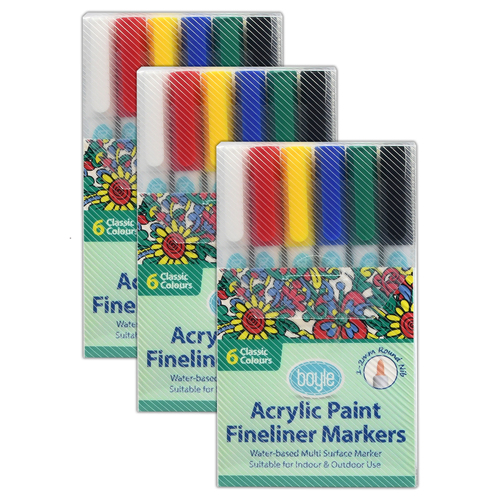 3x 6pc Boyle Acrylic Paint Fineliner Markers - Classic Colours