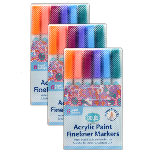 3x 6pc Boyle Acrylic Paint Fineliner Markers - Pastel Colours