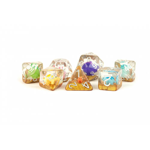 7pc Fanroll by Metallic Resin/Polyhedral RPG Tabletop Dice Set 16mm - Rainbow Dinosaur Dice