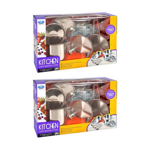 2x 9pc ABT Childrens Pretend Kitchen Cook Stainless Steel Set 3Y+