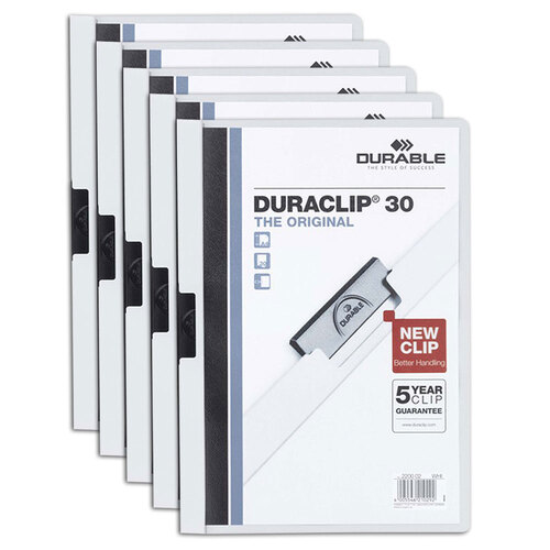 5x Durable Duraclip 30-Sheet A4 Document File Folder - White
