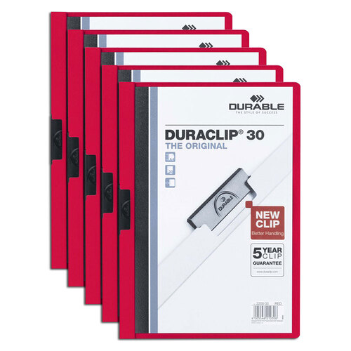 5x Durable Duraclip 30-Sheet A4 Document File Folder - Red