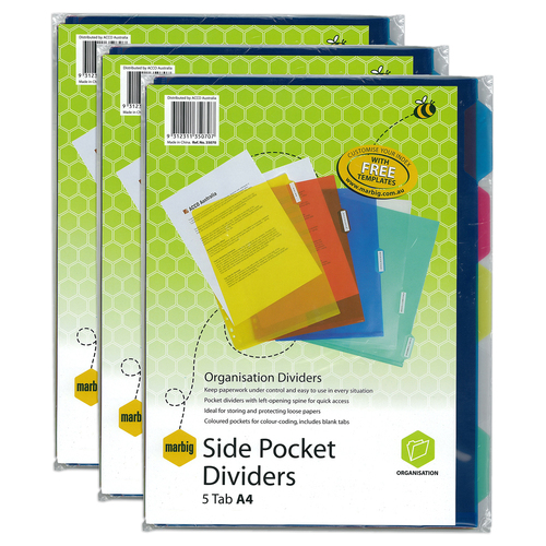 3PK Marbig PP 5 Tab A4 Side Pocket Dividers - Assorted