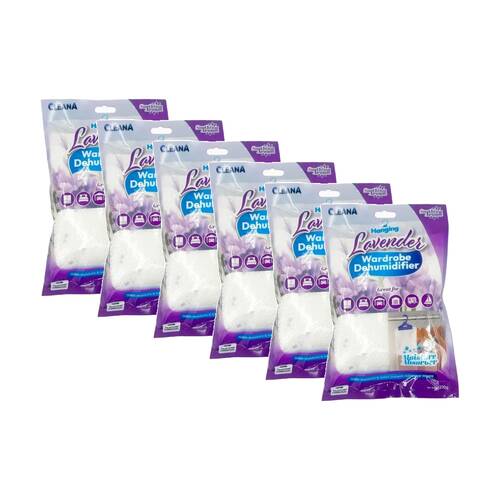 6PK Cleana Hanging Wardrobe/Room Dehumidifier 210g Lavender/Hibiscus Assorted