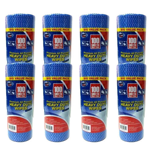 8x 100pc Aussie Clean Heavy Duty Reusable Cleaning Wipes 33x30cm - Blue