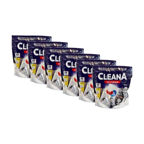 6x 17PK Cleana Power Clean Dishwashing Pod 3-in-1 Capsule 255g Lemon Scent