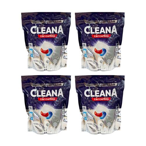 4x 36PK Cleana Power Clean Dishwashing Pod 3-in-1 Capsule 540g Lemon Scent