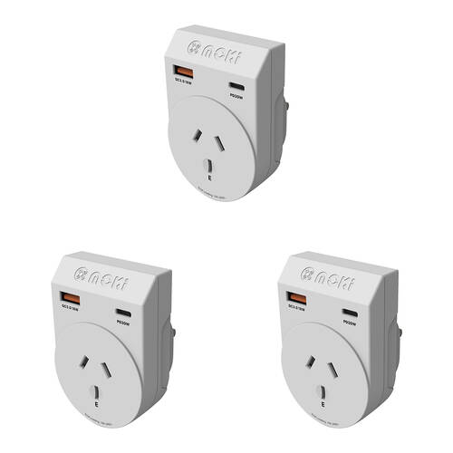3PK Moki Travel Adaptor Plus Outbound AU/NZ to UK with Type-C & USB-A