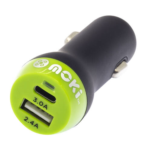 Moki Car Charger + Type-C 3A + USB-A 2.4A Car Mobile Charger - Black