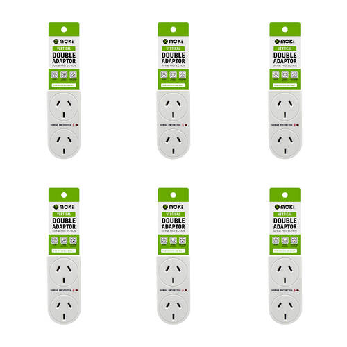 6PK Moki Vertical Double Power Adaptor w/ Surge Protection - White