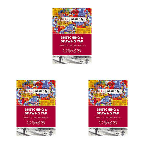 3PK Be Creative 100% Acid-Free Cellulose Drawing White Paper Pad 200gsm A3