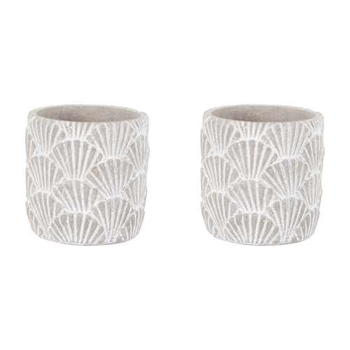 2PK Maine & Crawford Hema 15cm Cement Palm Motif Plant Pot - White