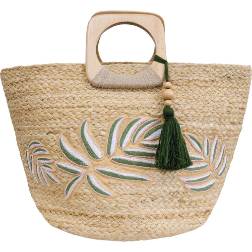 LVD Jute Shopper Embroidered Leaf Portable On The Go Decorative Carry Bag