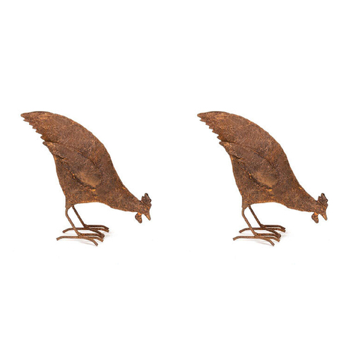 2x Garden Metal 17.5cm Metal Chicken Feeding Rust Small Outdoor Decor