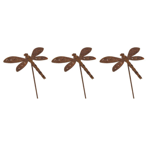 3x Garden 50cm Rust Metal Dragonfly Stick Decor Small