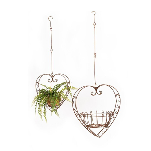 2pc Wire Metal Rust 38/51cm Heart Planters w/ Hook/Chain Set