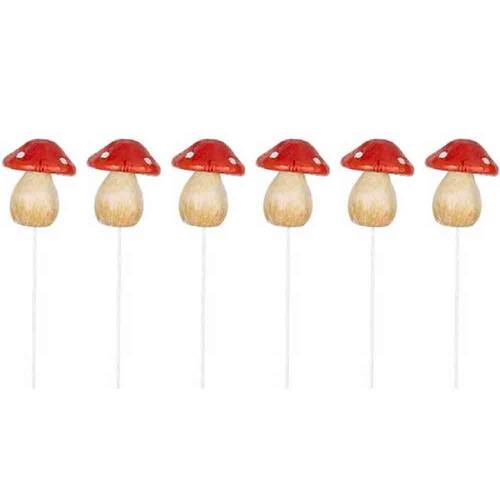 6PK Mushroom on Red Stick Outdoor Decoration Small & White Assorted