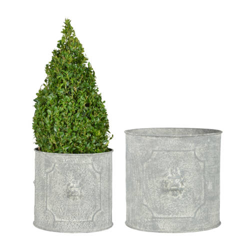 2pc Esschert Design Round Lion Flower Metal Pot Plant Planter Grey