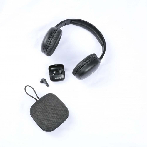 3pc Laser Wireless BT Audio Bundle Headphones Earbuds & Speaker Black