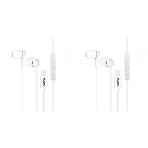 2PK Laser USB-C Silicone Tip Earphones 1.2m w/ Microphone - White