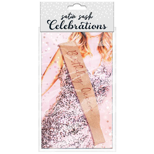Birthday Queen Party Gift Satin Sash Rose Gold w/ RoseGold Text