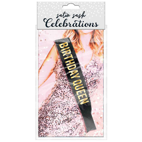 Birthday Queen Party Gift Satin Sash Black w/ Gold Text