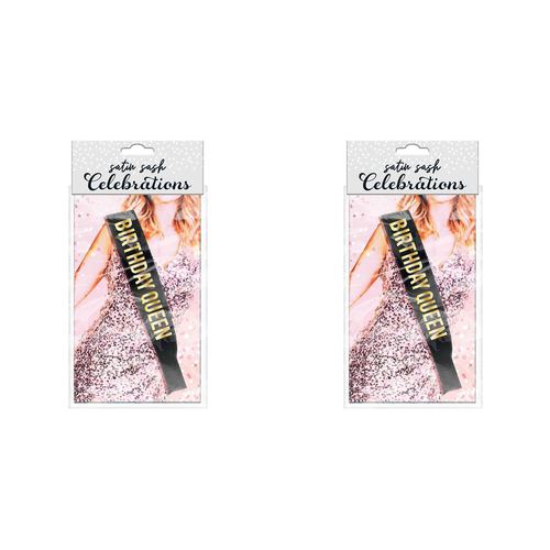 2PK Birthday Queen Party Gift Satin Sash Black w/ Gold Text