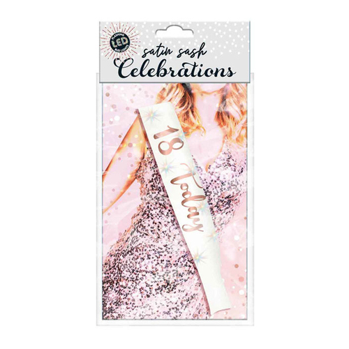 18th Birthday Flashing Cream Sash With Rose Gold Lettering Girls