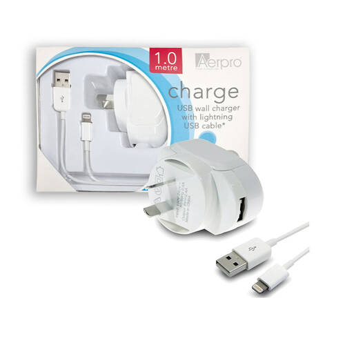 Aerpro USB Wall Charger w/ 1M Lightning Cable - White