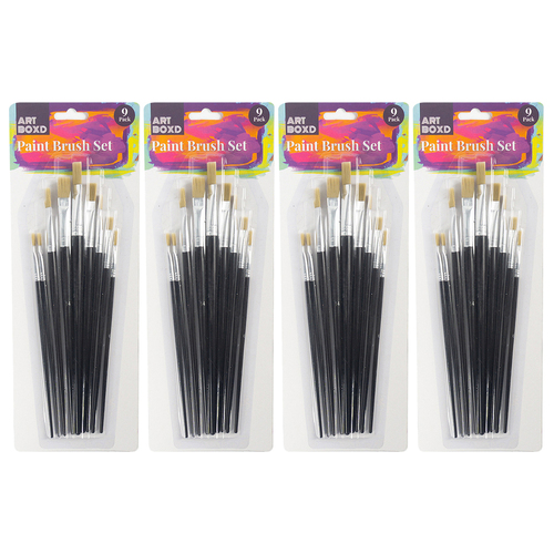 4x 9pc Art Boxd Artist Paint Brush Wooden Handle Black Assorted
